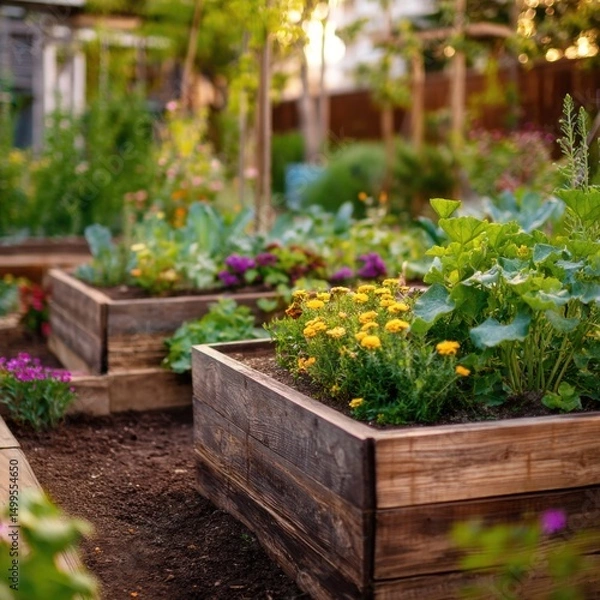 Fototapeta Raised garden beds with flowers and vegetables growing in a backyard garden during golden hour in the summer
