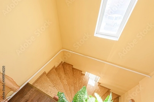 Fototapeta staircase with cork-like steps descends into a yellow-walled space.  Green plants add a touch of nature. Small window at top.