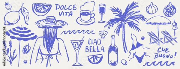 Fototapeta Italian style vacation elements for poster, placard or menu prints and decoration with lettering. Summer vacation hand drawn vector illustrations in grunge chalk or charcoal rough doodle sketch style.