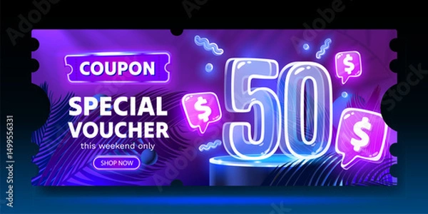 Obraz Coupon special voucher 50 dollar, Neon banner special offer. Vector