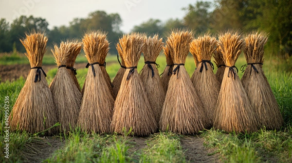 Fototapeta Bunch of Harvested Straw Bundles in a Field at Sunrise