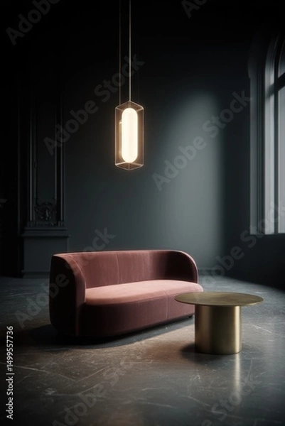 Fototapeta Interior design showcasing modern sofa and pendant light in a dark room with marble floor and window light