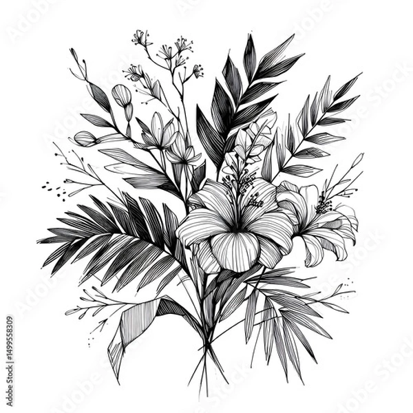 Fototapeta Pen illustration of a tropical leaf bouquet, hand-drawn with fine detail and natural texture. Simple and elegant sketch style. Botanical art. art for print. card design.