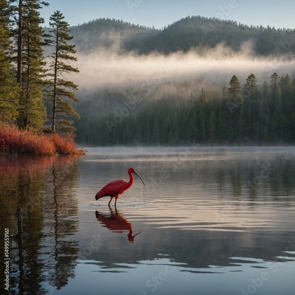 Obraz red heron on the shore of lake
