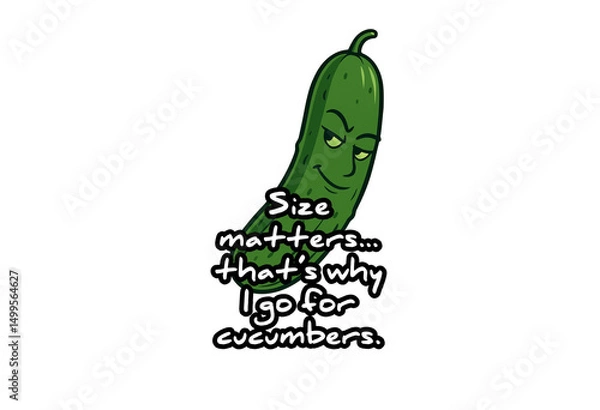 Obraz "Cheeky Cucumber with Text 'Size Matters... That’s Why I Go for Cucumbers' – Funny Vegan Humor Poster with Suggestive Plant-Based Wordplay, Cartoon Vegetable and White Background"