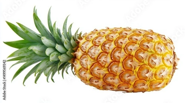 Obraz Ripe pineapple positioned horizontally, displaying golden-yellow skin, geometric scale pattern, verdant leafy crown against pristine white studio setting