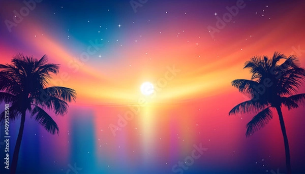Fototapeta Tropical Sunset with Silhouetted Palm Trees and Colorful Gradient Sky Reflected on Water