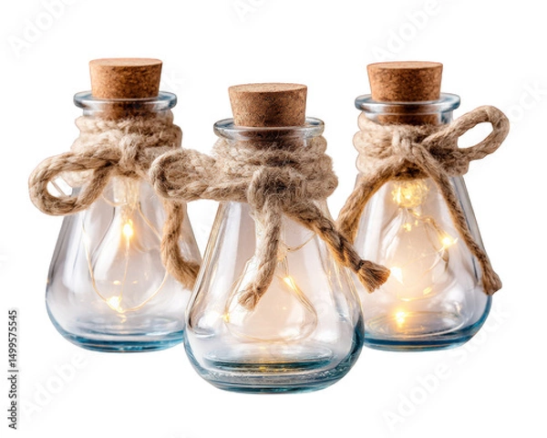 Fototapeta Enchanting glass jars with fairy lights create warm and inviting atmosphere, perfect for wedding decoration or home decor. rustic twine adds charming touch to elegant design