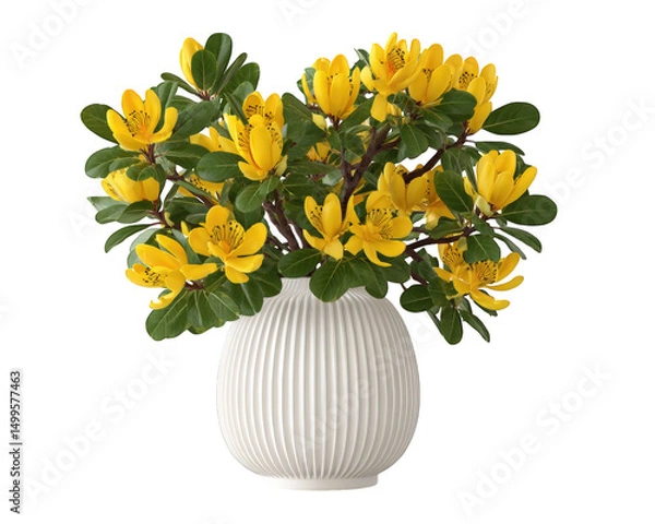 Fototapeta Beautiful arrangement of vibrant yellow flowers in white ribbed vase, showcasing lively and cheerful atmosphere. flowers are complemented by lush green leaves, creating fresh and inviting look