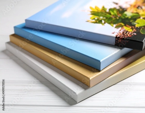 Fototapeta Photography canvas prints. Stack of colorful photos with gallery wrap on white wooden