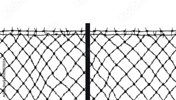 Fototapeta Chain link fence with barbed wire top isolated on a white background