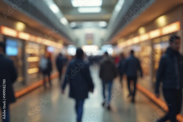 Obraz Busy urban subway station filled with commuters walking through blurred corridor, showcasing hustle and bustle of city life. warm lighting and vibrant atmosphere create lively scene
