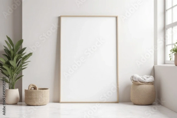 Obraz Minimalist interior scene featuring blank frame on light wall, surrounded by decorative plants and woven baskets. serene atmosphere invites creativity and calmness