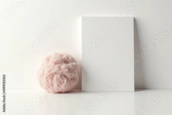 Obraz Soft pink pom pom sits beside blank white canvas on clean surface, creating minimalist aesthetic. gentle textures and colors evoke sense of calm and creativity