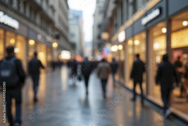 Obraz Image captures bustling urban street scene with blurred figures walking past various shops, creating lively atmosphere. soft focus adds sense of movement and energy to environment