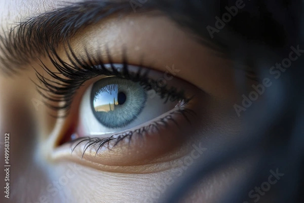 Obraz Close up of human eye showcasing striking blue iris and long eyelashes, reflecting serene landscape in pupil, evoking sense of wonder and curiosity