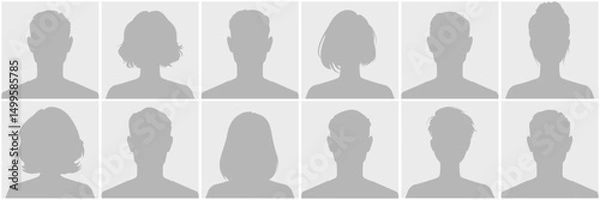 Fototapeta Set of twelve silhouette profile avatar defoult photo placeholder, male and female, in uniform minimalist grey tones. Ideal for graphics or anonymous user interfaces, featuring diverse hairstyles.