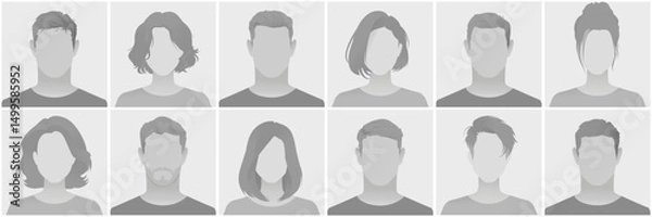 Fototapeta Set of grayscale generic profile pictures featuring silhouettes of men and women with various hairstyles as placeholders or avatar defoult photo placeholder for social media or websites.