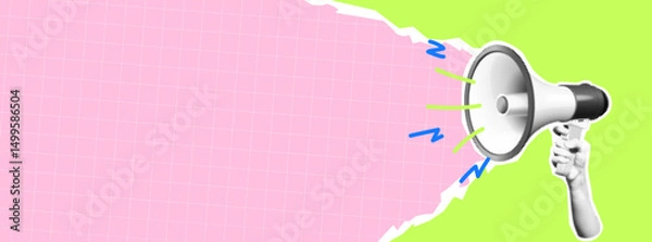 Fototapeta Creative collage of hand holding megaphone on a vibrant pink and green backdrop. Retro pop art style with abstract elements for dynamic announcement concepts.