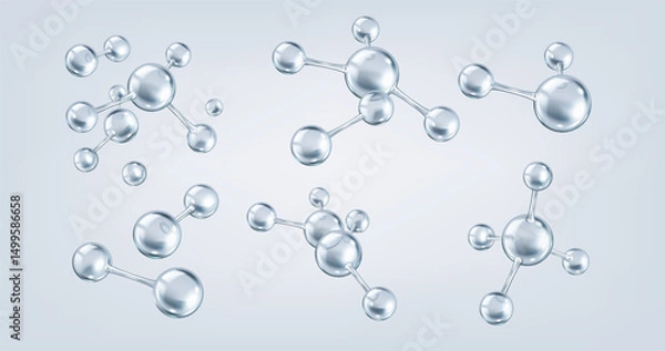 Fototapeta Interconnected silver collagen molecules realistic color icons set. Intricate network of tissue structure 3d objects bundle on grey background