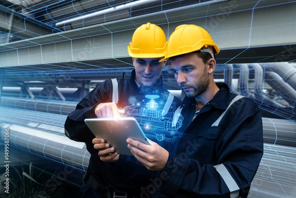 Obraz Engineers Analyze Gas Pipeline System with AR Tablet
