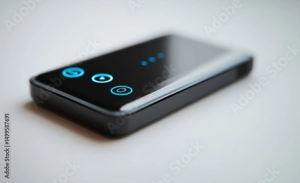 Fototapeta Sleek black media player with glowing blue buttons on minimalist white surface, featuring play and pause symbols. Modern digital entertainment and technology concept.	