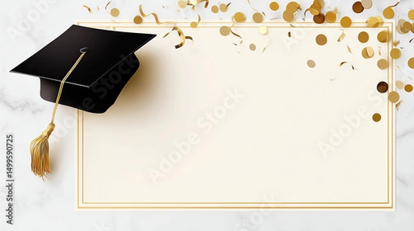 Fototapeta Overhead View of Graduation Cap, Diploma and Confetti on White Marble, Bright Even Lighting with Central Text Space in Minimalist Academic Design.