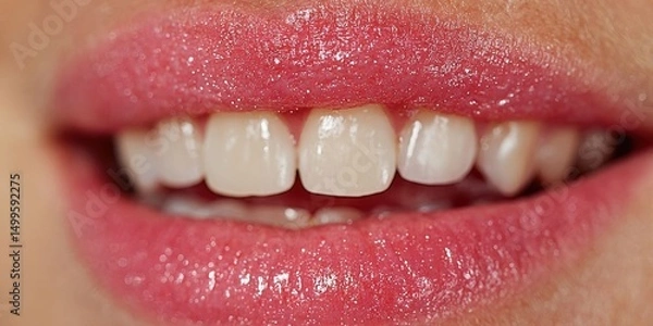 Fototapeta Bright smile featuring shiny pink lips and white teeth in sharp close-up detail.