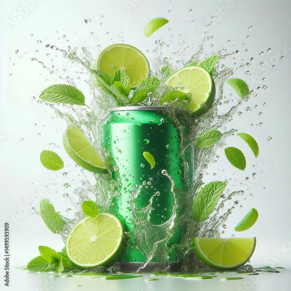 Obraz A green soda can surrounded by splashes of water, lime slices, and fresh mint leaves. The scene conveys a refreshing beverage concept.