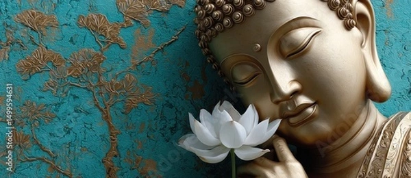 Fototapeta A painting of the Buddha with a lotus flower, painted in oil on canvas, in an elegant and modern style, using golden yellow