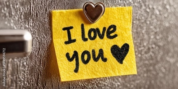 Fototapeta Yellow Sticky Note with 'I Love You' Message on Refrigerator Door