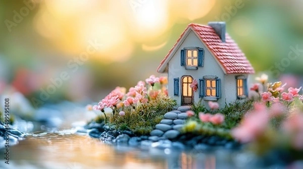 Fototapeta Miniature house nestled by a stream, surrounded by flowers in a serene garden setting