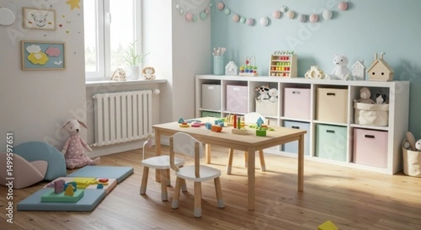 Fototapeta Minimalist Children's Playroom with White Cubbies and Natural Wood Table