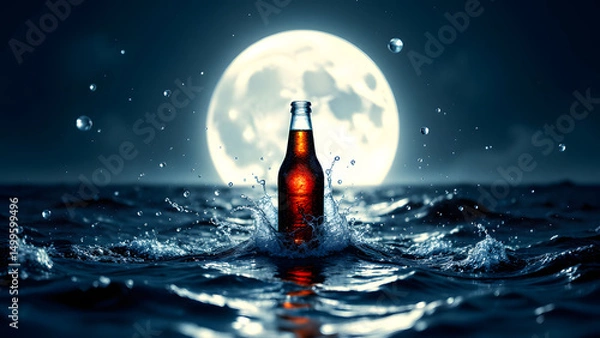Fototapeta Moonlit Brew: A lone bottle of beer stands upright amidst a splash of ocean water under the mystical moonlight, the perfect depiction of refreshment under a celestial canvas.