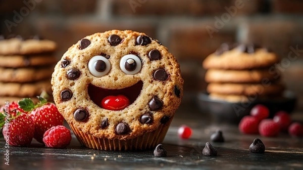 Fototapeta A happy muffin with chocolate chips, decorated with a cheerful face.  Fresh berries and cookies complete the scene