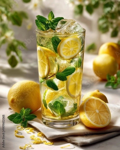 Fototapeta A clear glass of homemade lemonade with lemon slices and ice cube