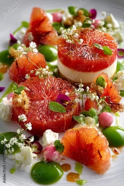 Fototapeta Luxurious grapefruit dessert with artistic presentation, a pastry masterpiece in fine dining style.
