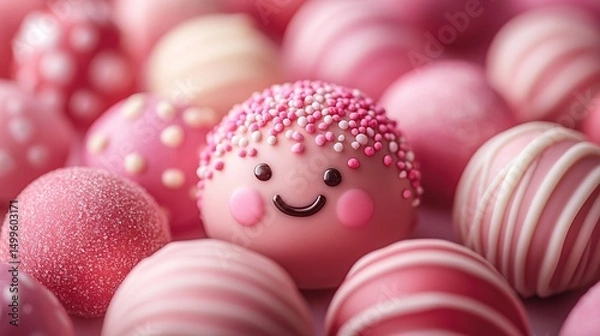 Fototapeta Sweet pink chocolate truffles, some decorated with sprinkles and a happy face