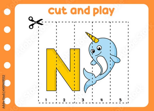 Fototapeta cut and play animal picture cute narwhal . kids game.