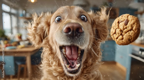 Obraz A golden retriever caught mid-jump with wide eyes and mouth open in shock