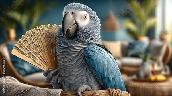 Obraz Parrot sitting upright on a perch, holding a small hand fan with one wing.