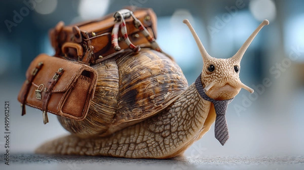 Obraz A humorous image of a snail carrying a briefcase and wearing a tie, moving slowly along a corporate hallway