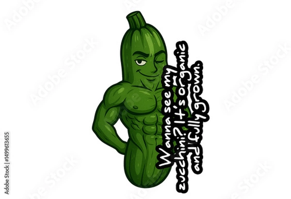 Obraz "Wanna See My Zucchini? It’s Organic and Fully Grown – Funny Muscular Cartoon Vegetable with Flirty Expression, Anthropomorphic Zucchini with Abs on White Background for Vegan Humor Concepts"