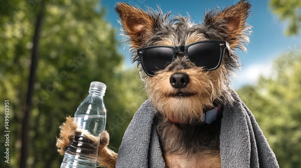 Obraz Dog wearing black sunglasses and holding a clear water bottle with towel around neck