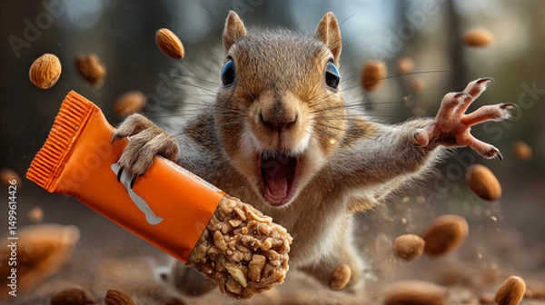 Obraz Squirrel holding a bright snack bar wrapper with nuts flying around