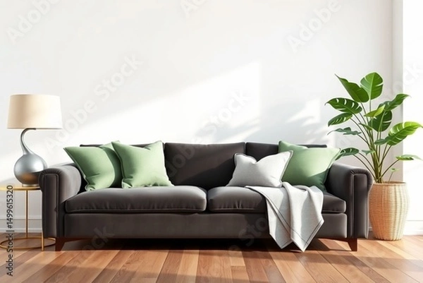 Fototapeta Living room interior with gray velvet sofa, pillows, green plaid, lamp and fiddle leaf tree in wicker basket on white wall background. 3D rendering.