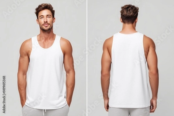 Fototapeta A muscular man wearing a plain white tank top mockup, showcasing both front and back views. The background is neutral, emphasizing the clothing.