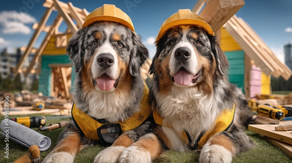 Obraz Two dogs wearing tiny hard hats and reflective vests. They’re actively building a colorful doghouse