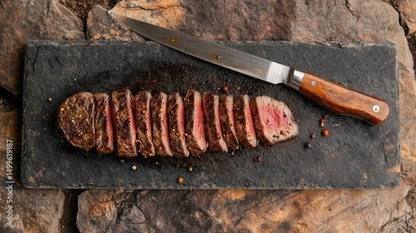 Obraz Sliced medium-rare steak on a slate board, with a knife and pepper, top view