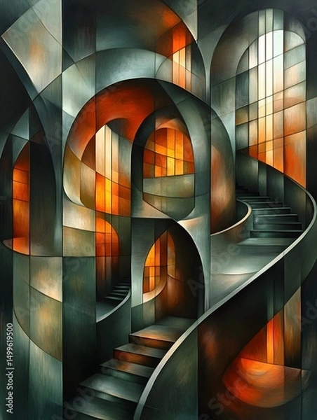 Fototapeta Abstract cubist depiction of a curving staircase within a geometric, dimly lit, multi-level interior space, featuring warm orange light accents